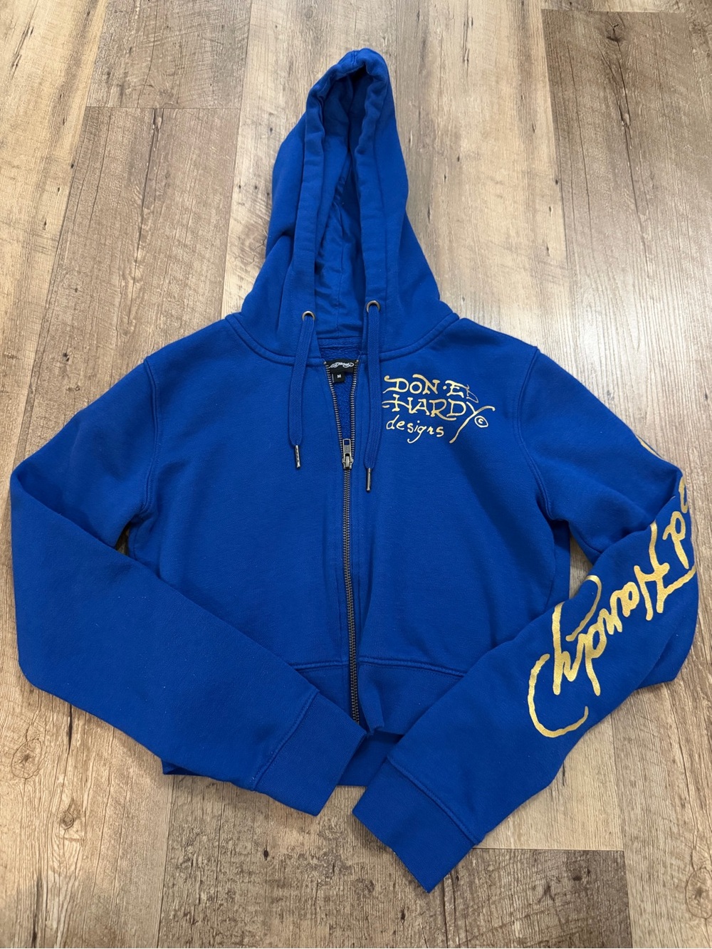 Ed Hardy Royal Blue Cropped Zip-Up Hoodie with Gold Script